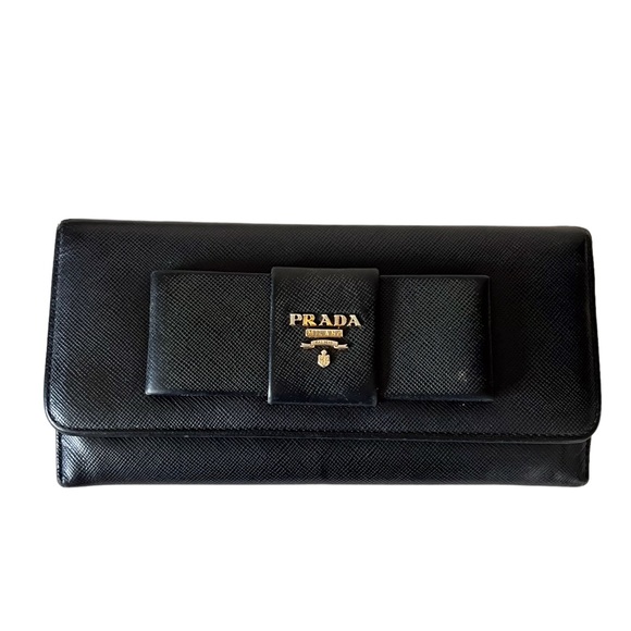 Prada Black Bow Wallet Saffiano Leather Continental Snap Front - Picture 1 of 12